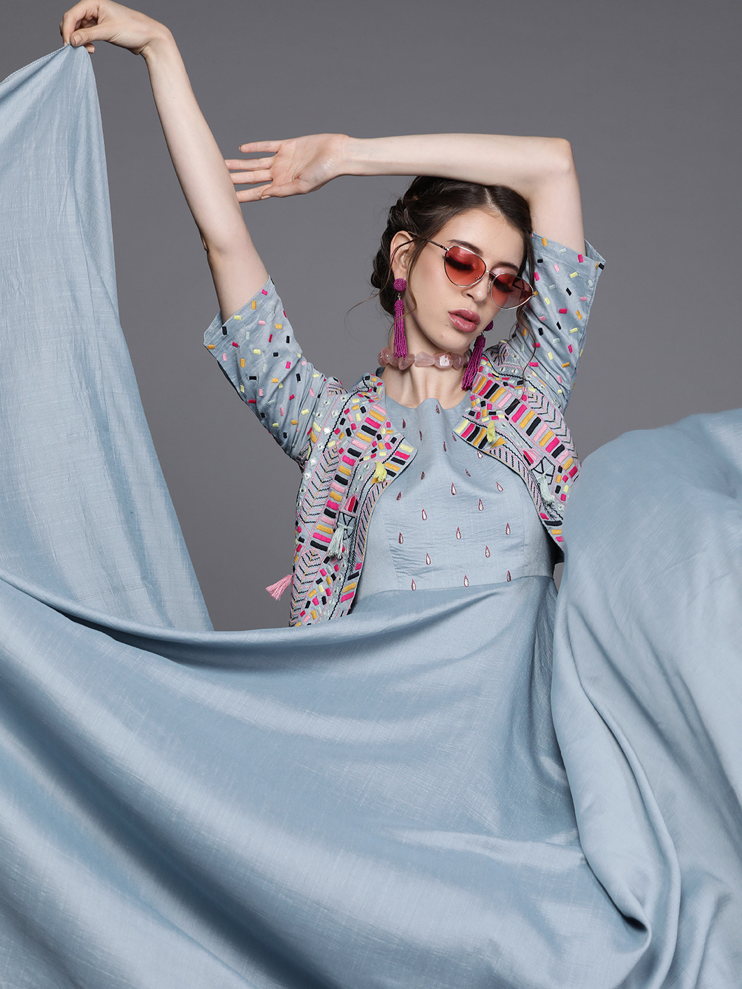 Inddus Blue Embroidered Gown with Heavy Embroidered Jacket