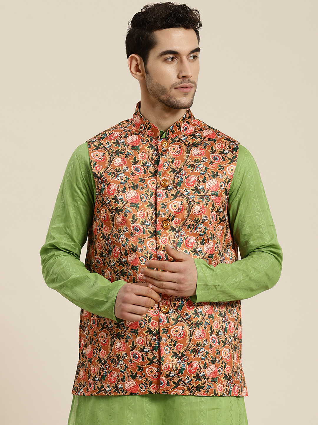 SOJANYA Men Rust Orange & Green Printed Nehru Jacket