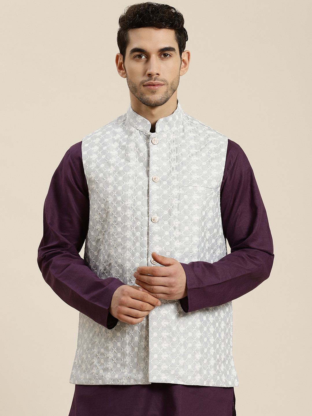 SOJANYA Men Grey & White Woven Design Nehru Jacket