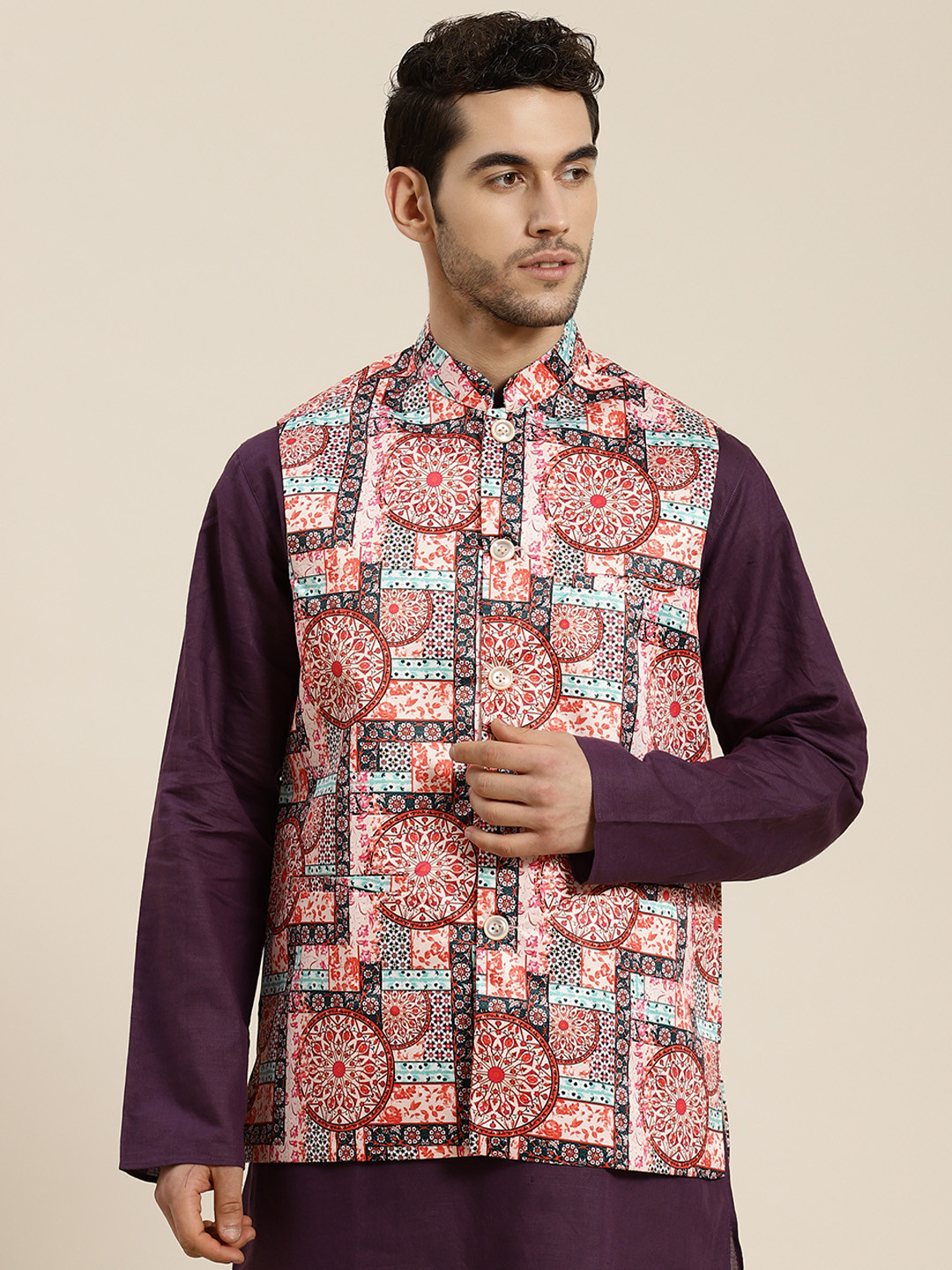 SOJANYA Men Rust Orange & Blue Printed Nehru Jacket
