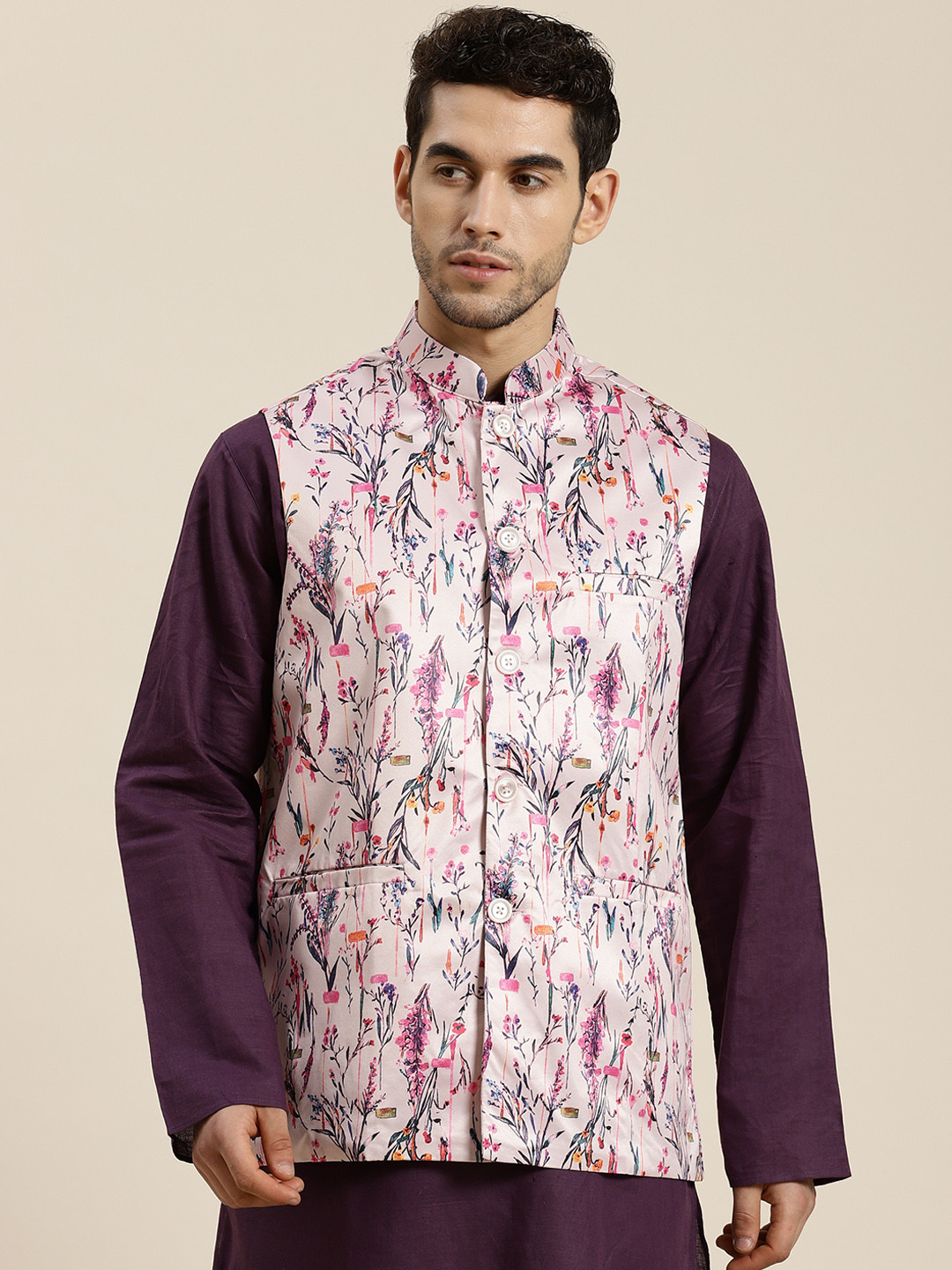 SOJANYA Men Pink & Black Floral Print Nehru Jacket