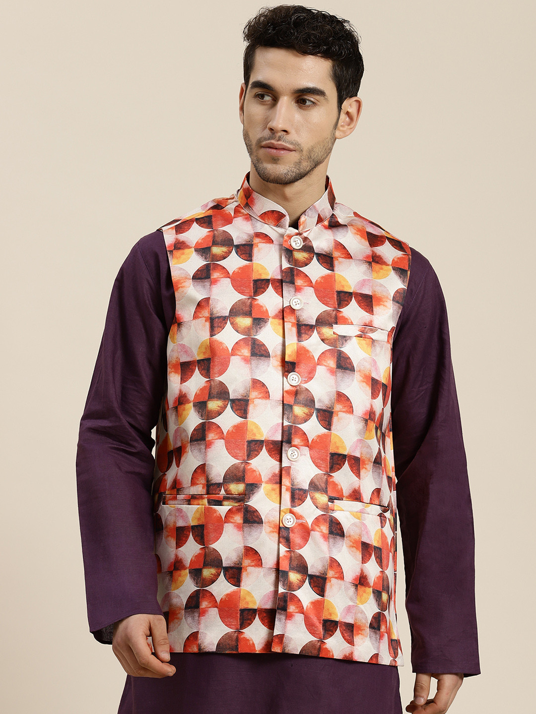SOJANYA Men Off White & Rust Orange Printed Nehru Jacket