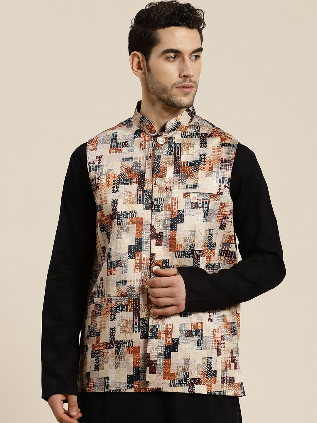 SOJANYA Men Beige & Rust Orange Printed Silk Blend Nehru Jacket