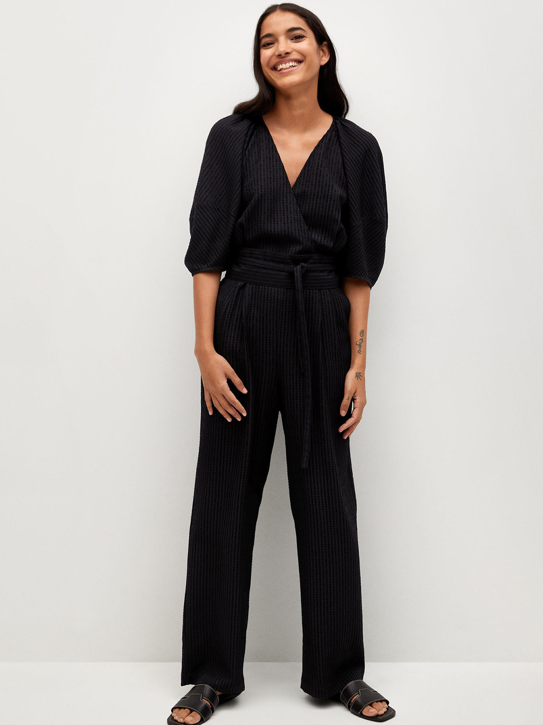MANGO Women Black Self-Checked Velvet Finish Wrap Basic Jumpsuit with Belt