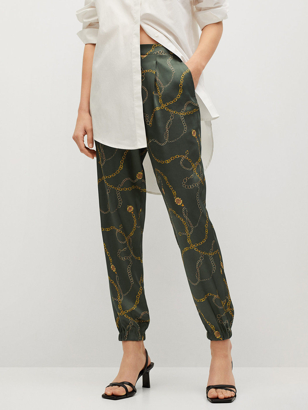 MANGO Women Green & Yellow Regular Fit Scarf Print RegularWoven Joggers