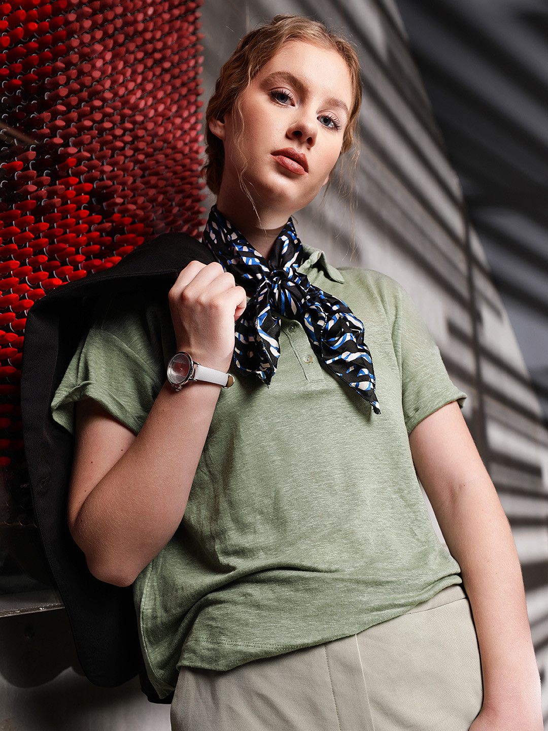 MANGO Women Green Solid Pure Linen Polo Collar T-shirt