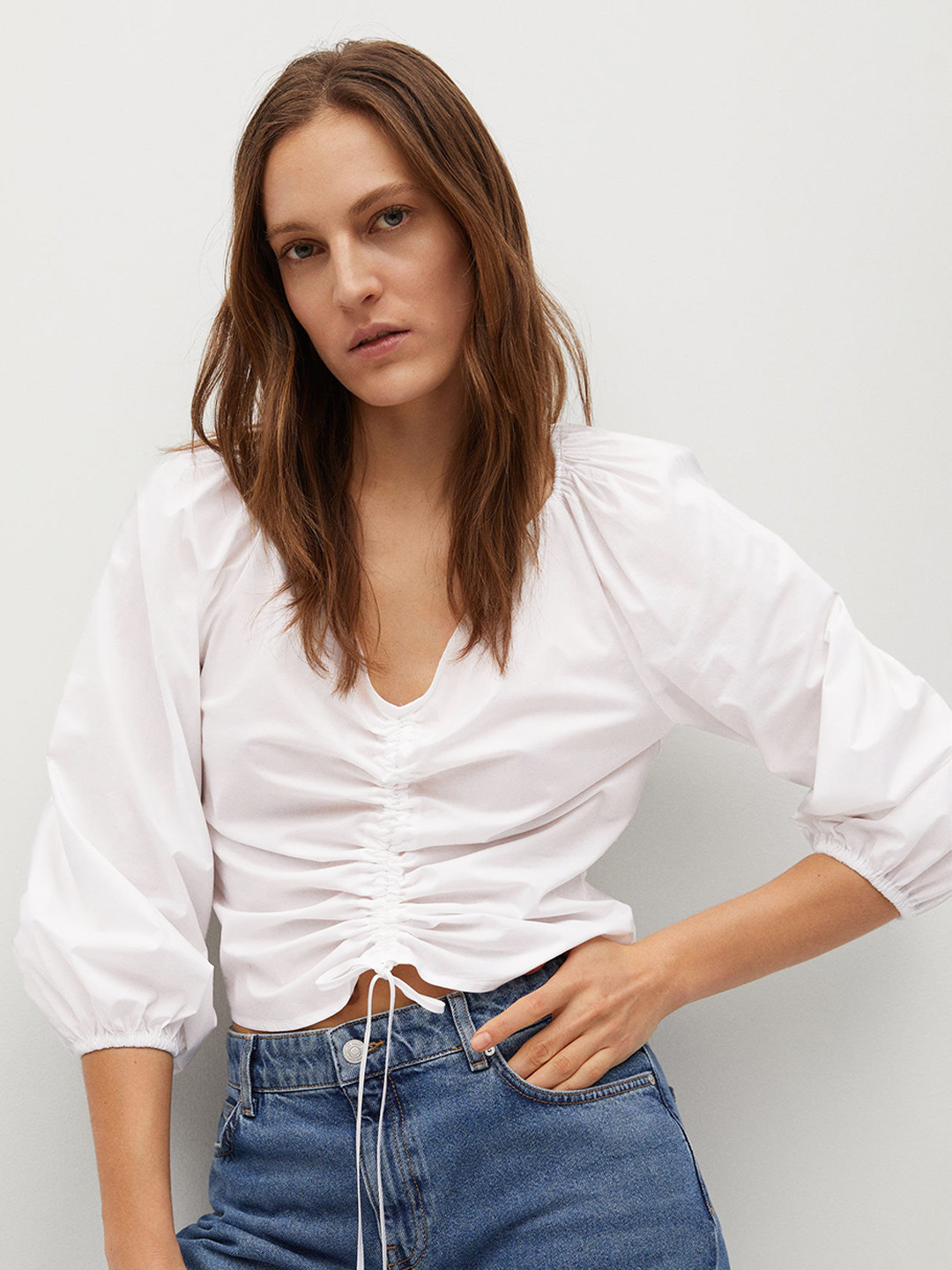 MANGO White Puff Sleeves Pure Cotton Crop Top