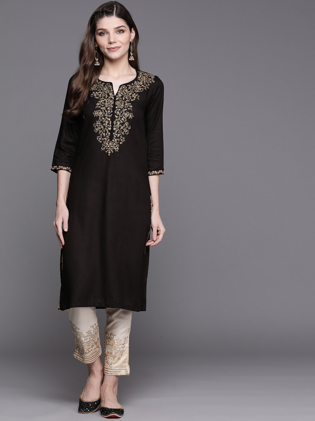 Biba Women Black & Cream-Coloured Embroidered Kurta with Trousers