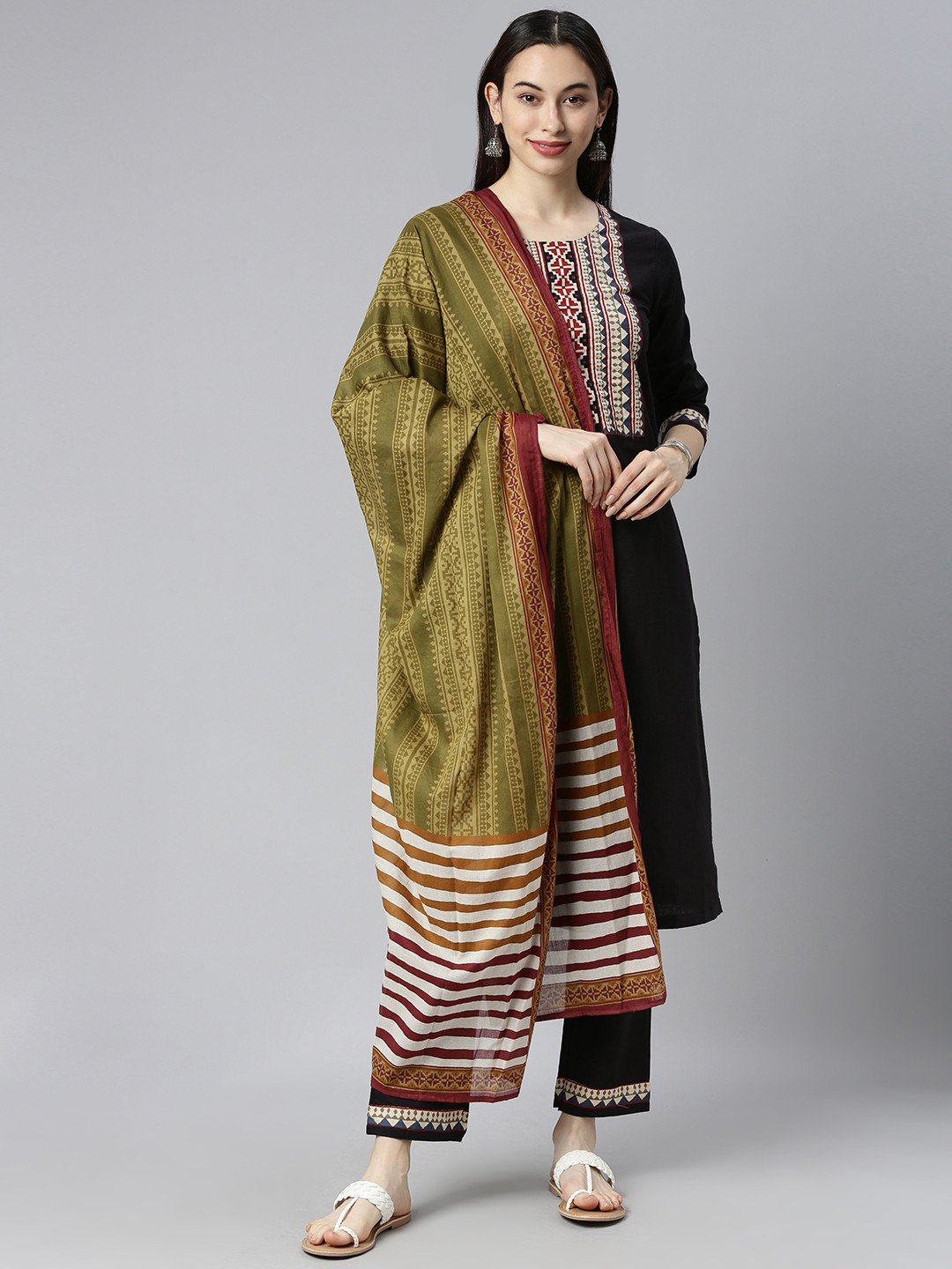 Biba Women Black Printed Linen Kurta with Trousers & With Dupatta