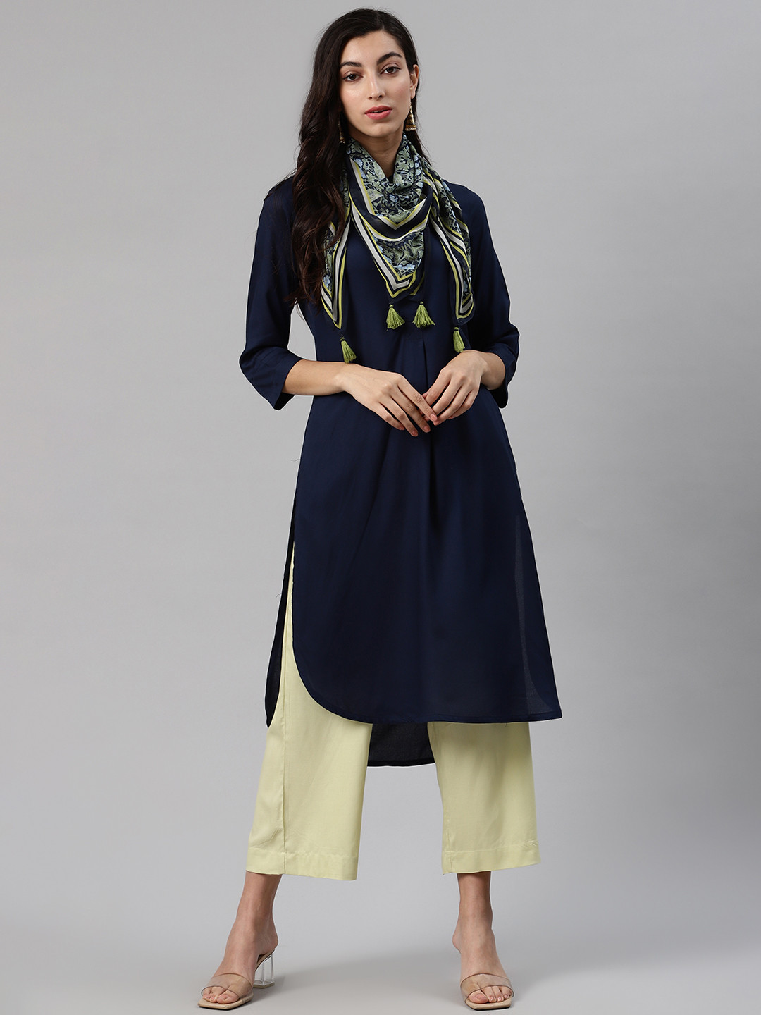 Biba Women Navy Blue Solid Kurta with Palazzos & Scarf