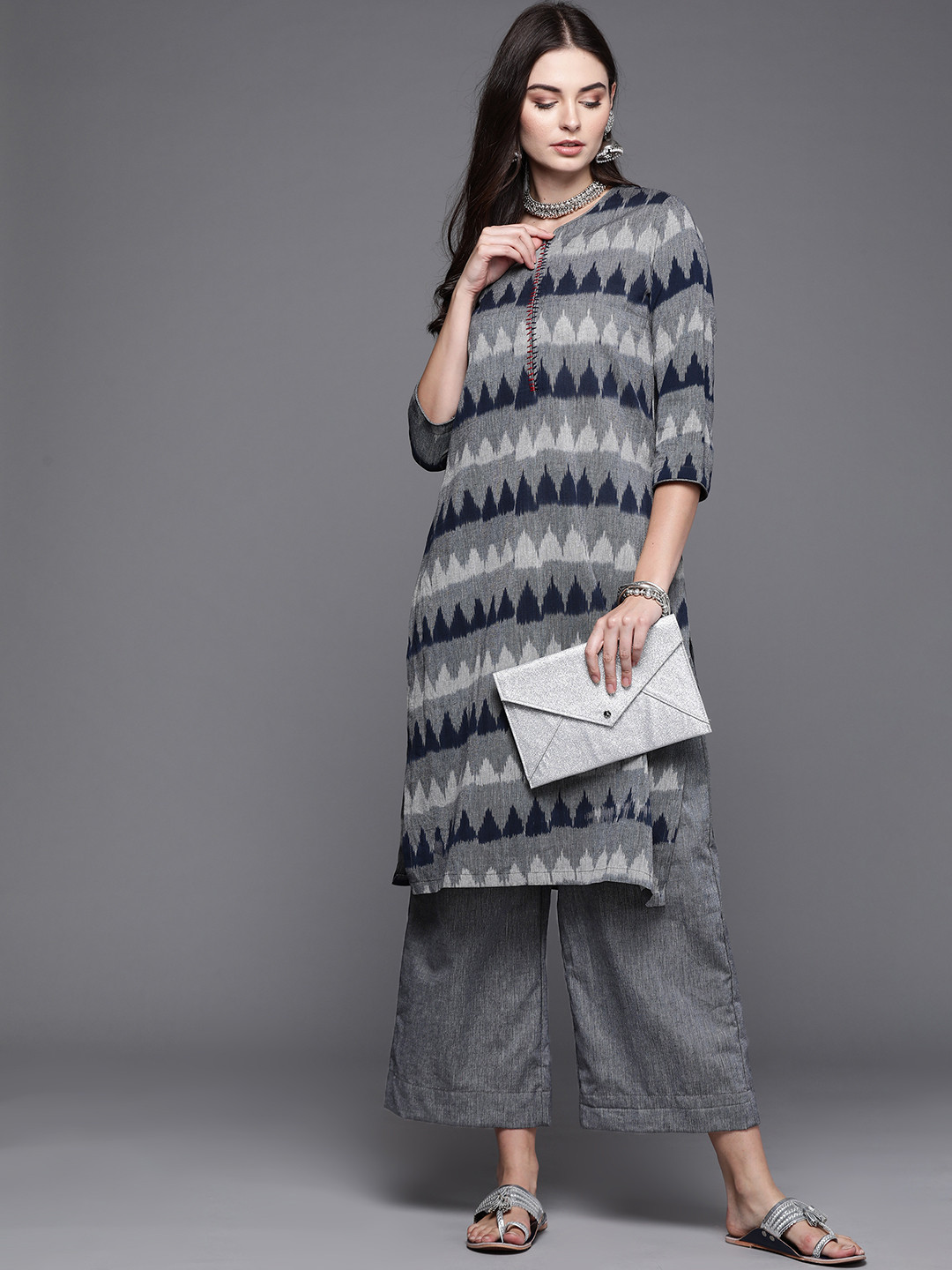 Biba Women Grey & Navy Blue Geometric Print Kurta with Palazzos