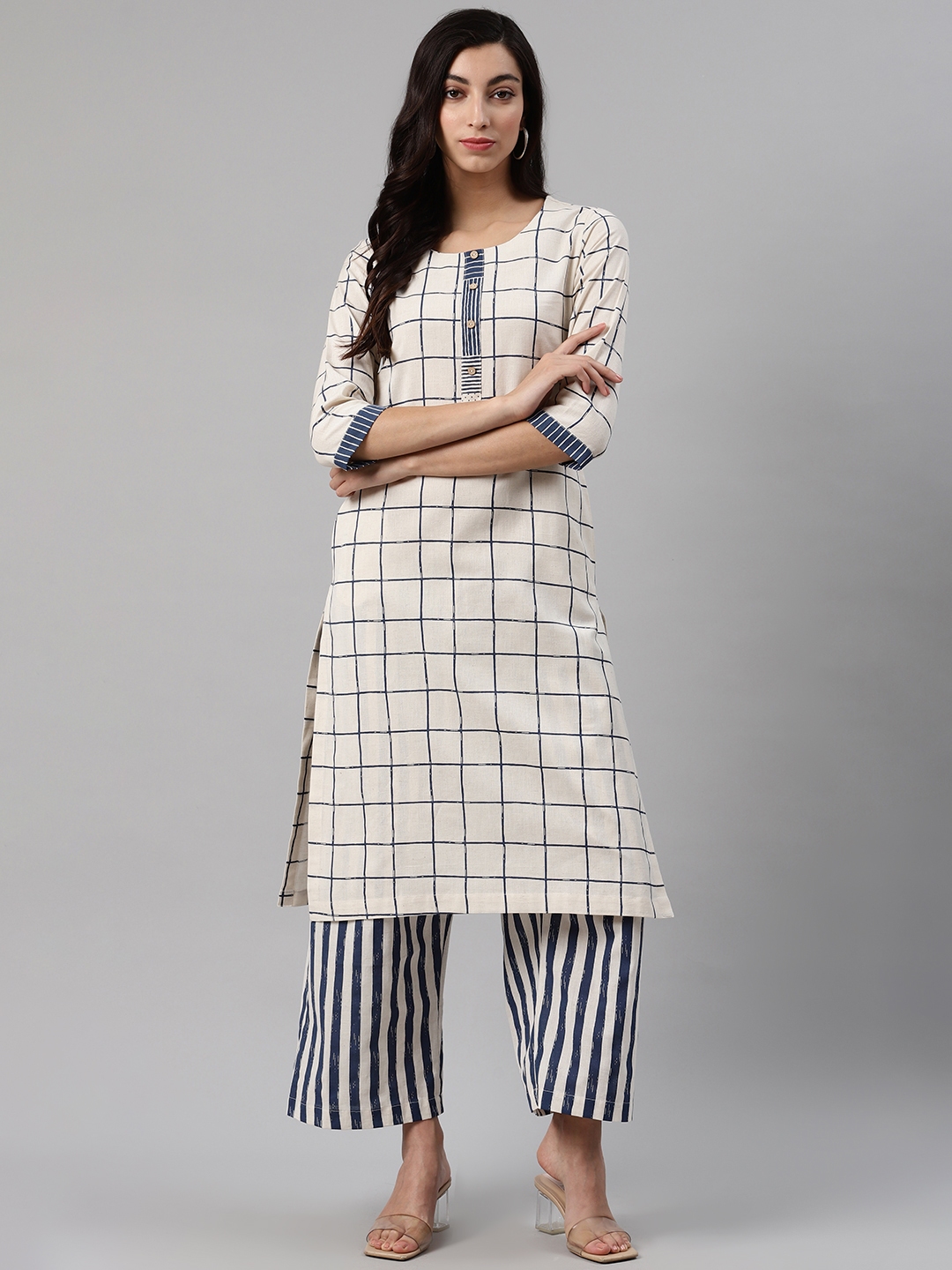 Buy Biba Women Off White Navy Blue Checked Kurta with Palazzos Kurta Sets for Women 13946924 Myntra