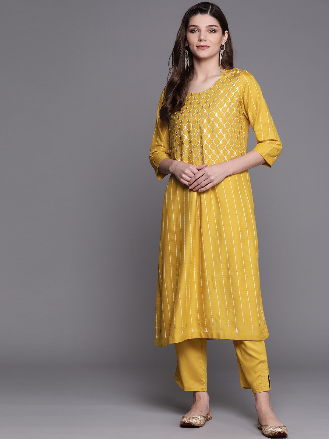 Biba Women Mustard & Golden Striped Kurta with Trousers