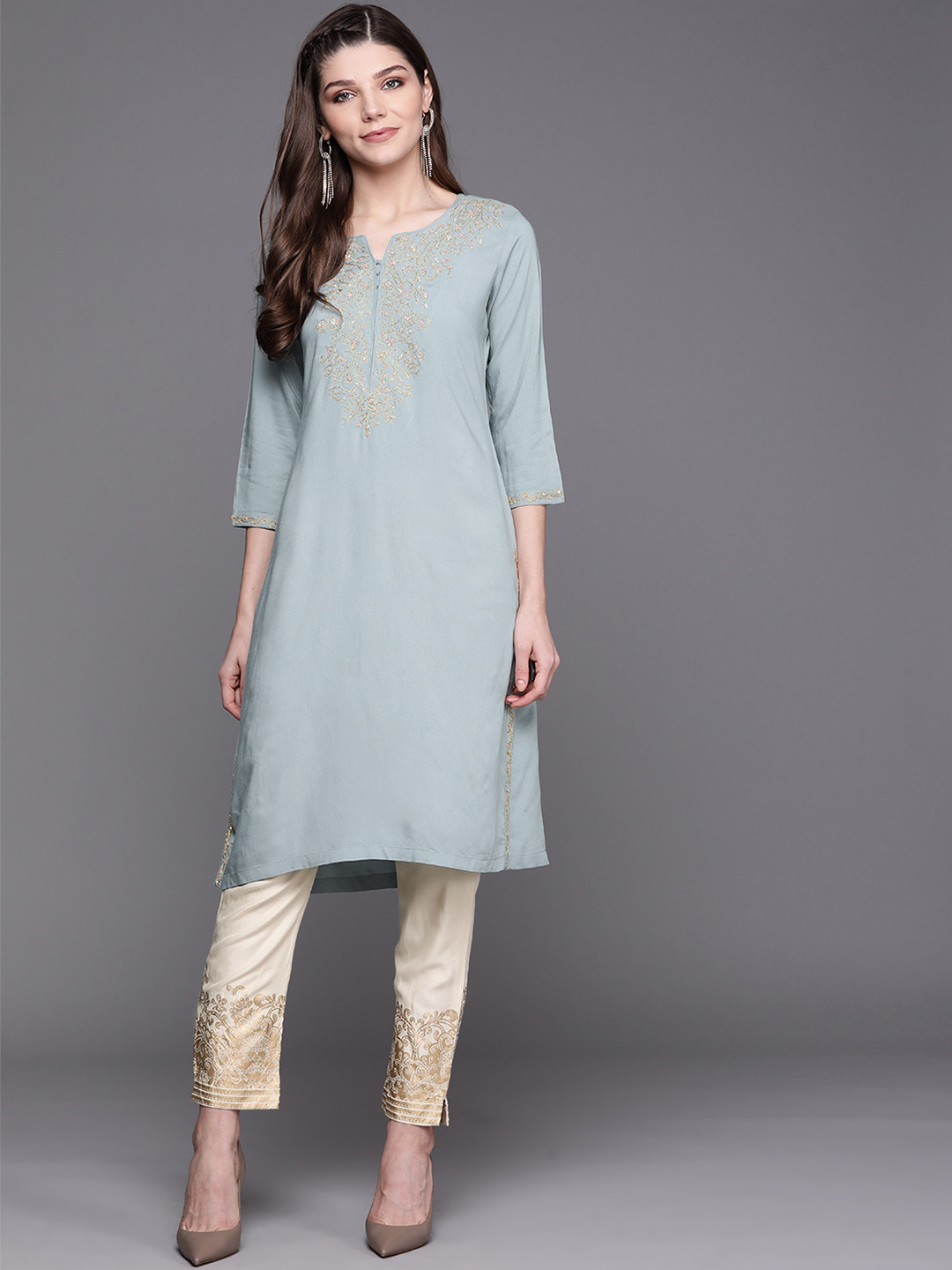 Biba Women Blue & Cream-Coloured Yoke Design Kurta with Trousers