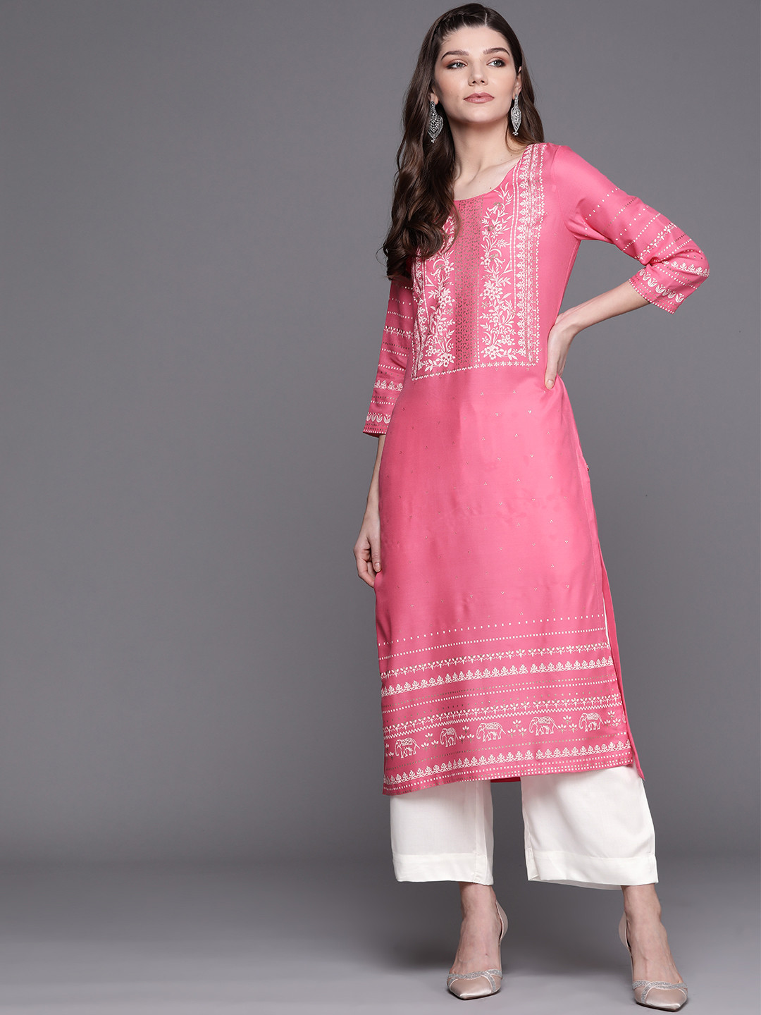 Biba Women Pink & White Printed Kurta with Palazzos