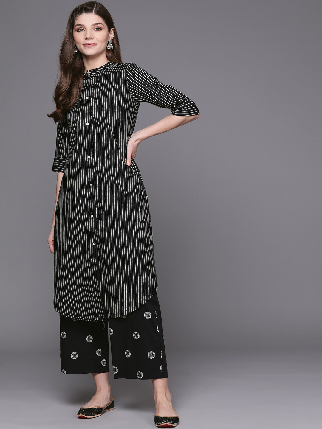 Biba Women Black & White Pure Cotton Printed Kurta with Trousers