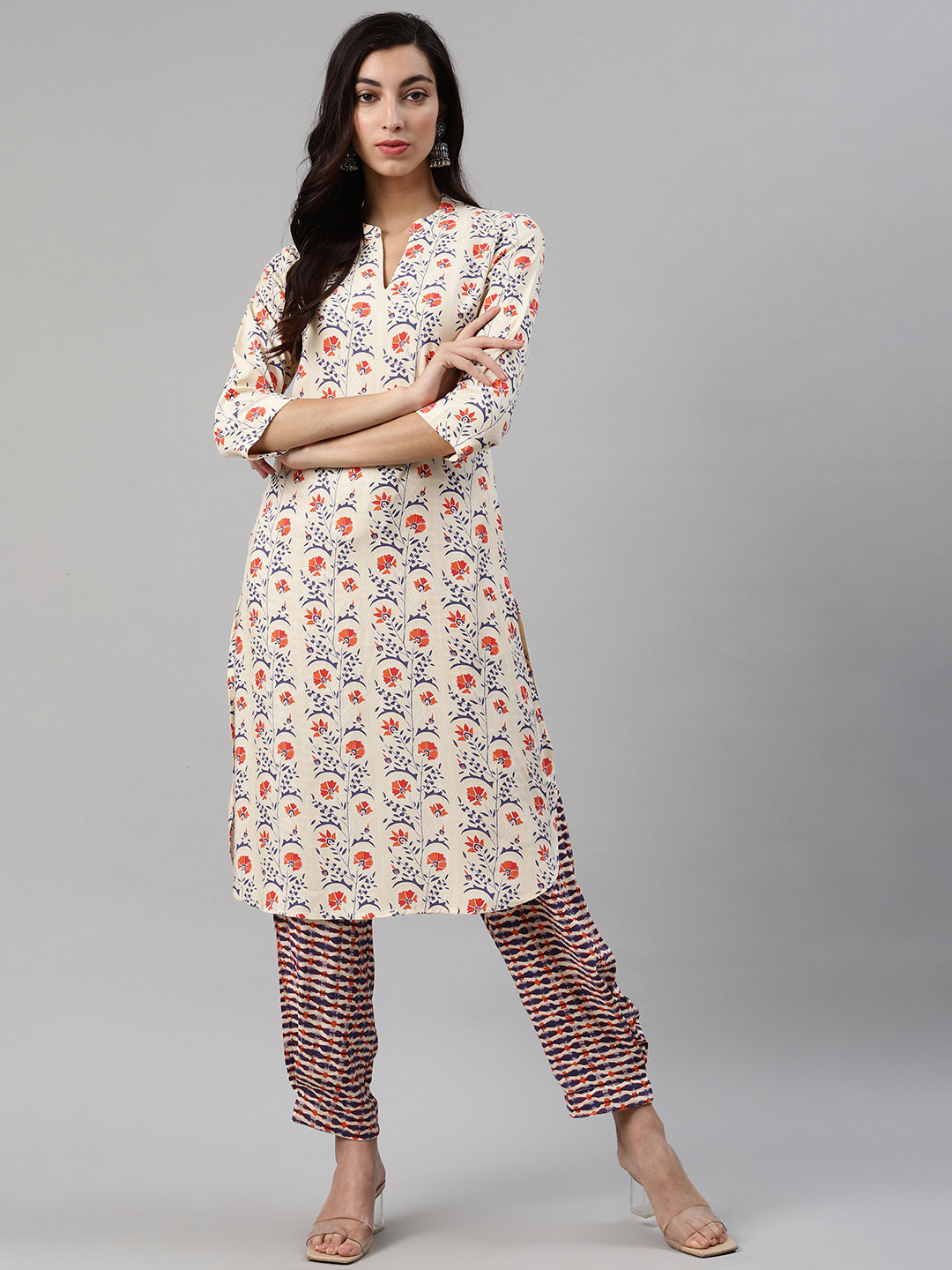 Biba Women Cream-Coloured & Orange Printed Kurta with Trousers