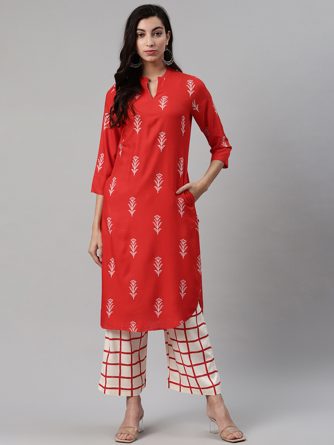 Biba Women Orange & Off-White Printed Kurta with Palazzos