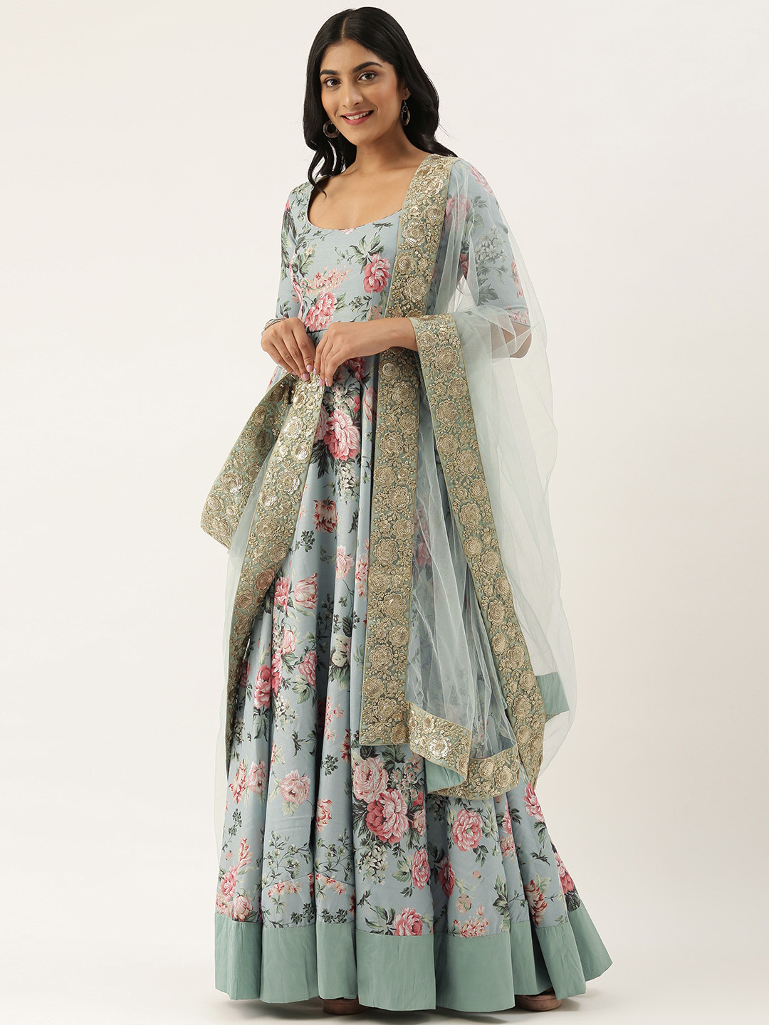 Ethnovog Women Grey  Green Floral Printed Made To Measure Kurta with Trousers  Dupatta