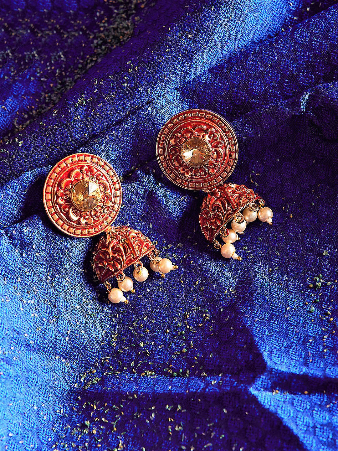 Red Gold-Plated Red Pearl Hand-Painted Dome Shaped Jhumkas