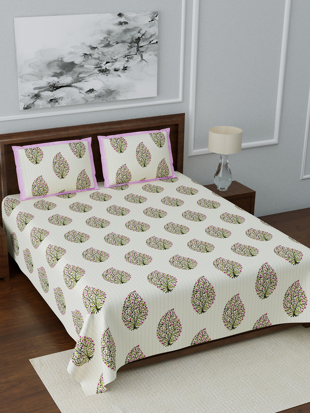 LIVING ROOTS Cream Ethnic Motifs Cotton Breathable 210 TC Queen Superfine Bedsheet with 2 Pillow Covers-216.41 x 262.13 cm