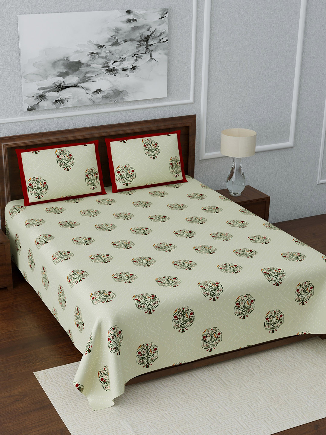 LIVING ROOTS Beige Ethnic Motifs Cotton Breathable 210 TC King Fine Bedsheet with 2 Pillow Covers-216.4 x 262.12 cm