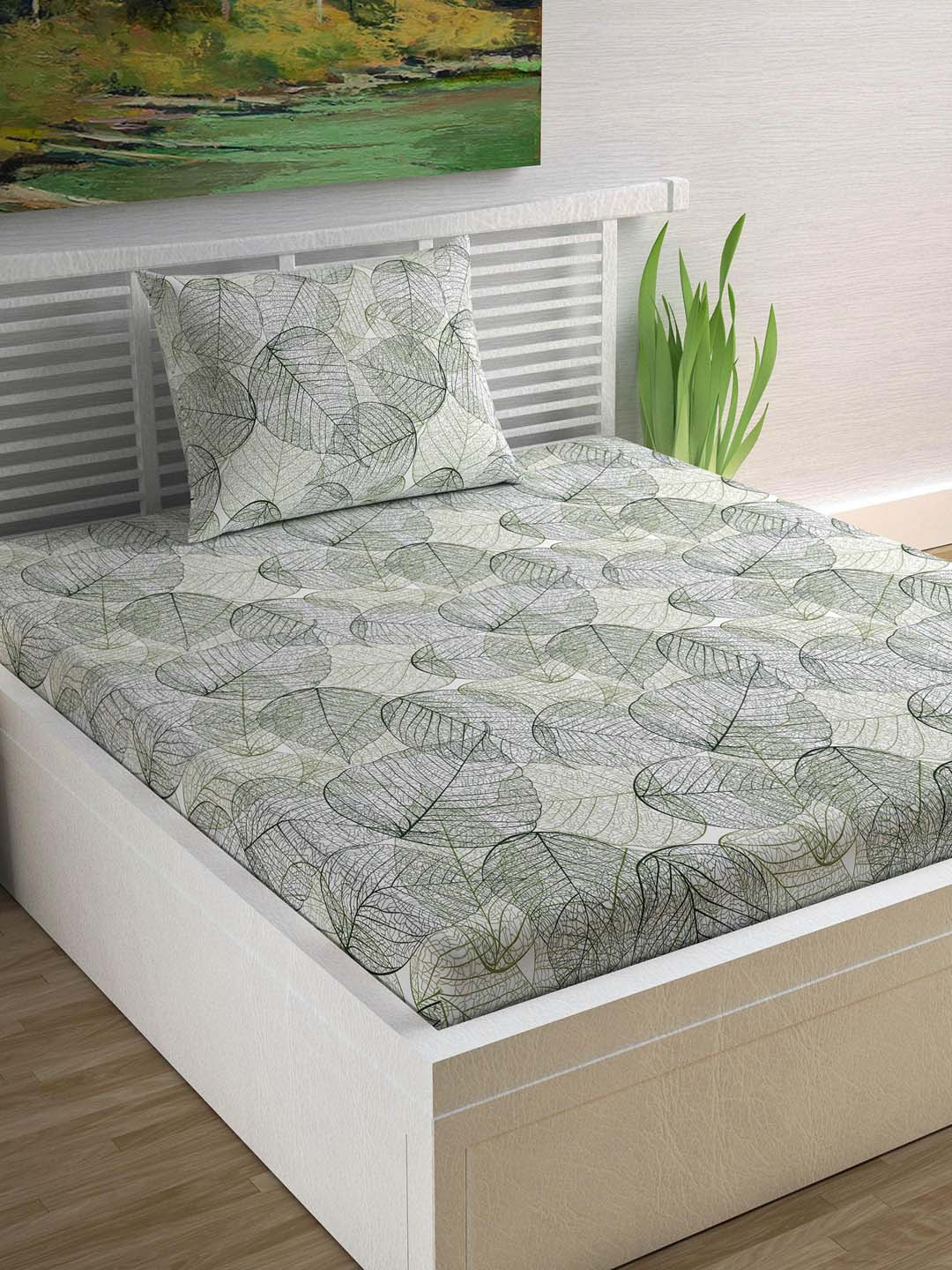 Divine Casa White Leaf Polycotton 144 TC Single Bedsheet with a Pillow Cover-88 x 57 inches