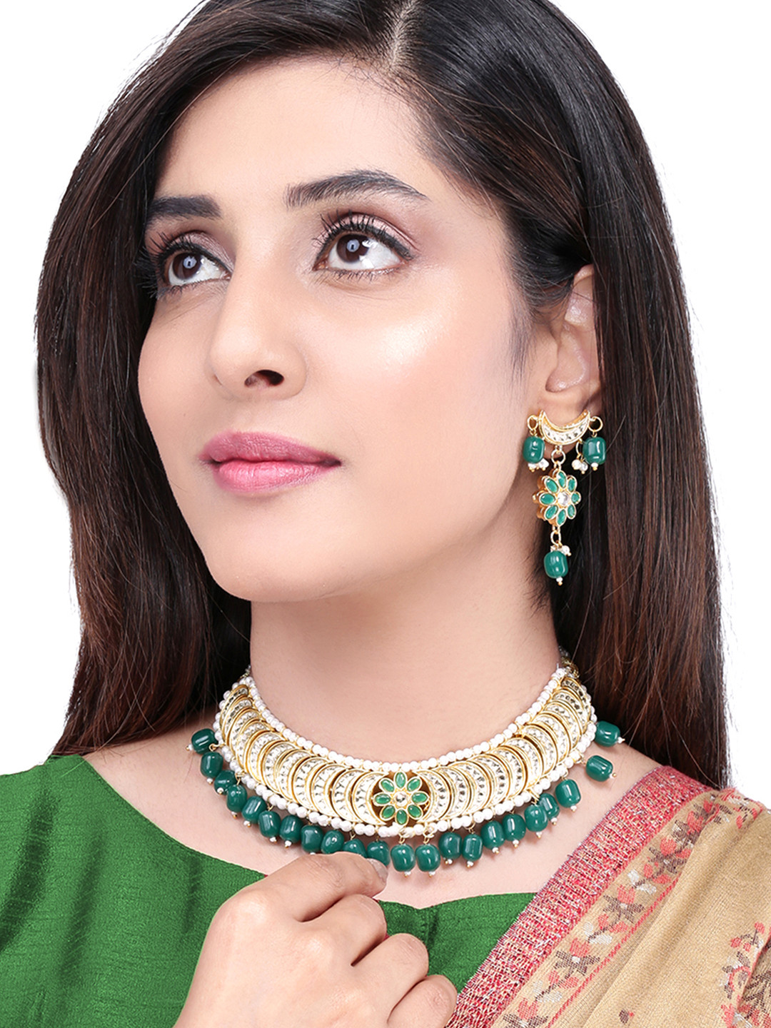 Yellow Chimes Gold-Plated Green & White Stone-Studded & Beaded Handcrafted Jewellery Set