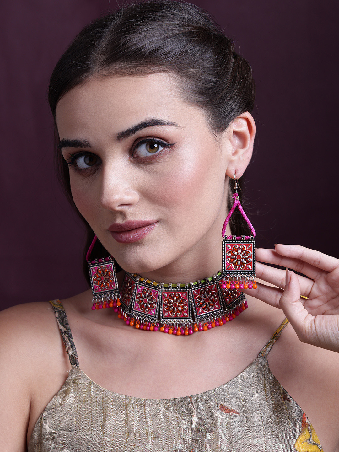 PANASH Silver-Plated Orange & Blue Beaded Handcrafted Afghan Jewellery Set