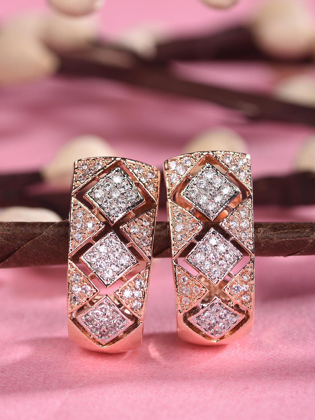 Saraf RS Jewellery Rose Gold-Plated AD Studded Contemporary Half Hoop Earrings