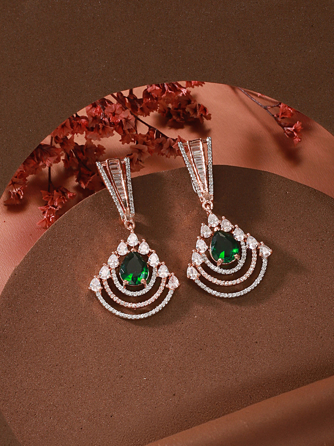 Saraf RS Jewellery Rose Gold-Plated & Green Contemporary Drop Earrings