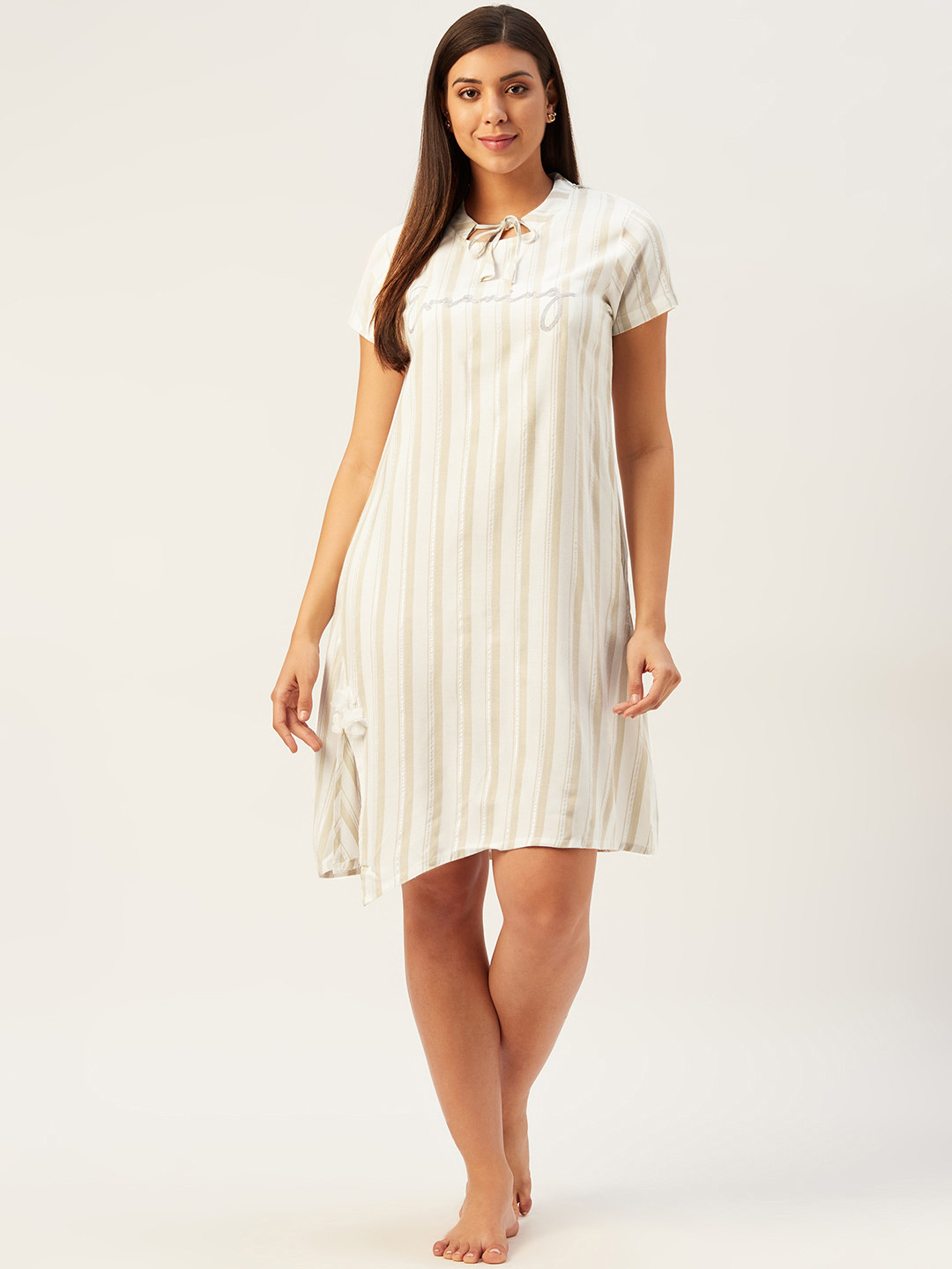 Sweet Dreams Off-White & Beige Striped Asymmetric Hem Knee Length Nightdress