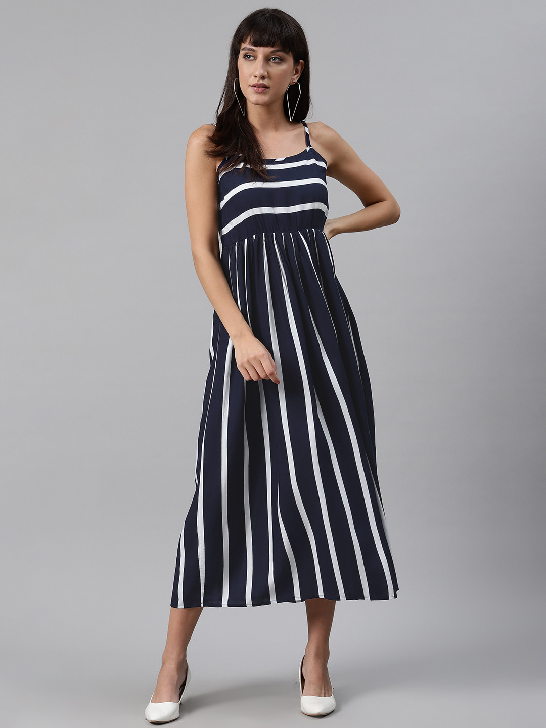 Meeranshi Women Navy Blue & White Liva Striped Maxi Dress