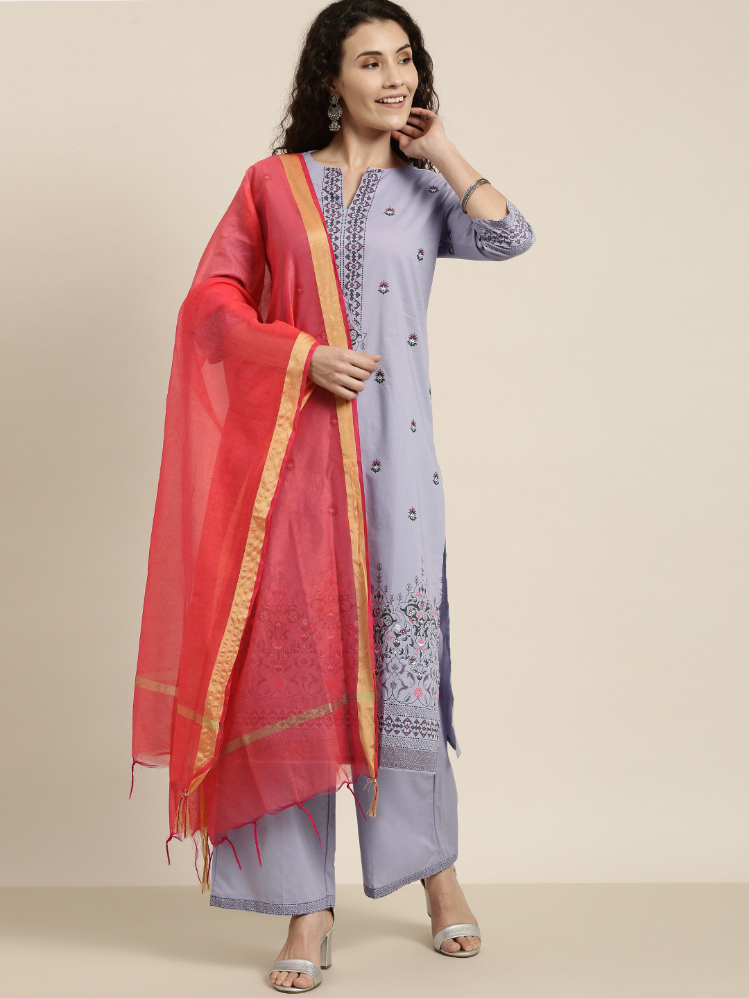 Vishudh Women Mauve Floral Embroidered Panelled Pure Cotton Kurta with Palazzos & With Dupatta