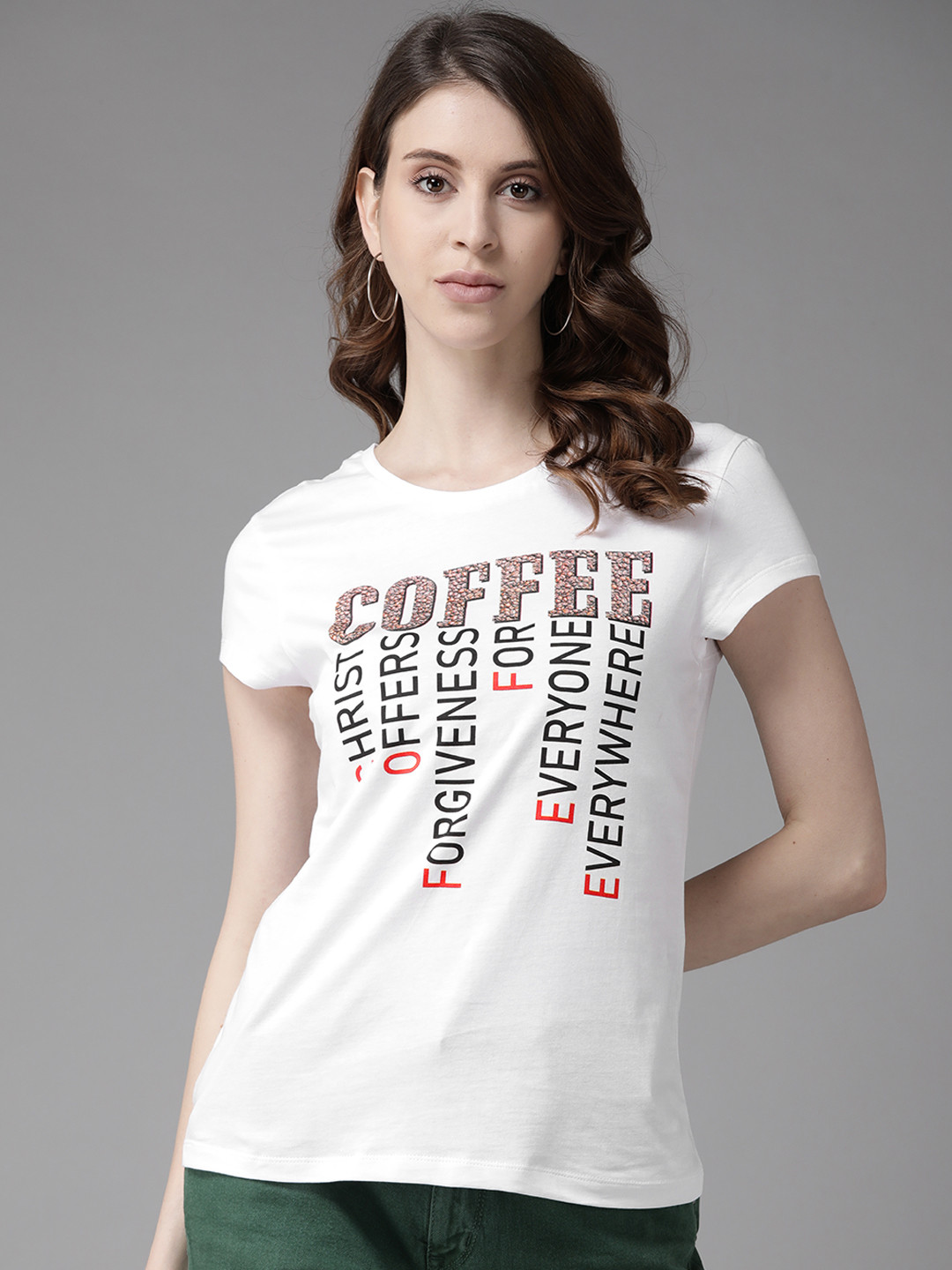 Cayman Women White & Black Pure Cotton Printed Round Neck T-shirt