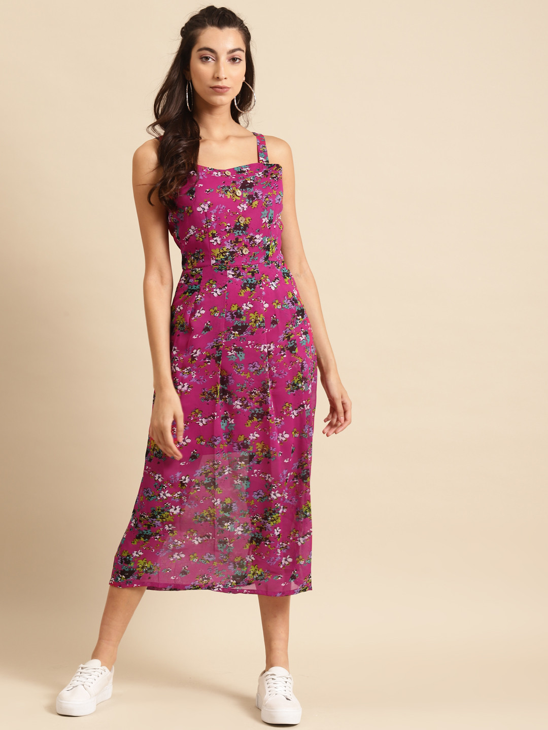 DODO & MOA Women Magenta & Black Floral Printed A-Line Dress