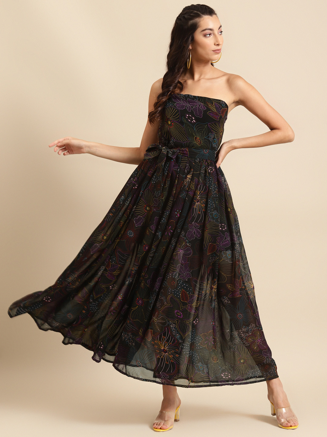 DODO & MOA Women Black & Purple Printed Off-Shoulder Party Maxi Dress