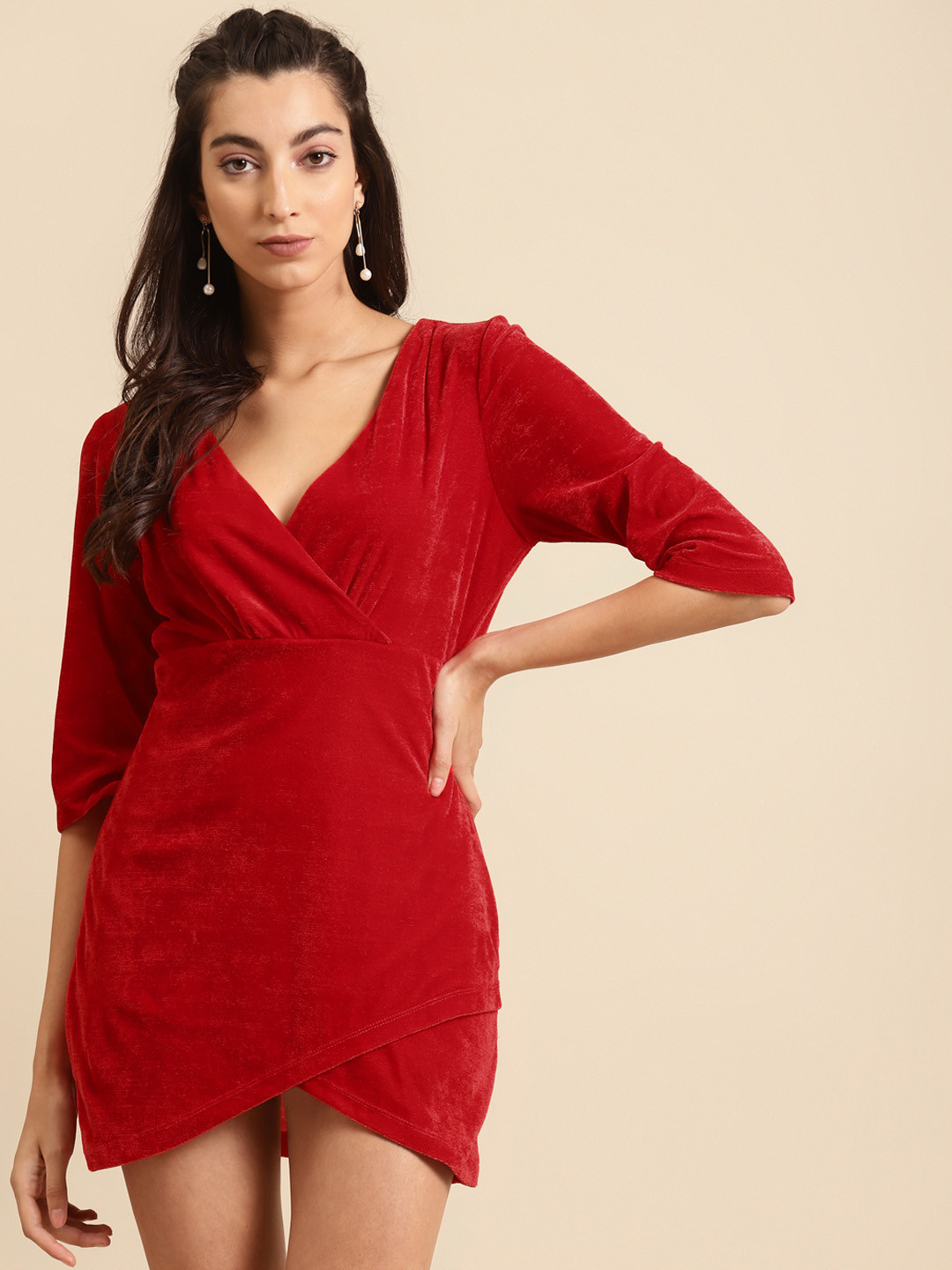 DODO & MOA Women Red Solid Tulip Hem Wrap Dress with Velvet Finish