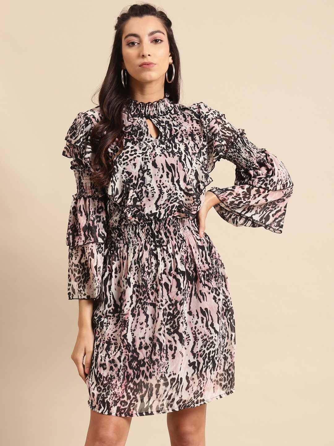 DODO & MOA Women Off White & Black Printed Smocking A-Line Dress with Ruffle Detail