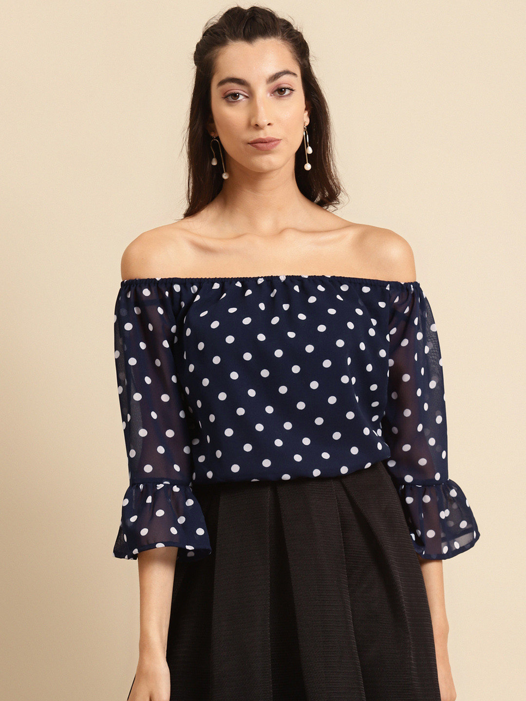 DODO & MOA Navy Blue & Off White Printed Off-Shoulder Bell Sleeves Georgette Bardot Top