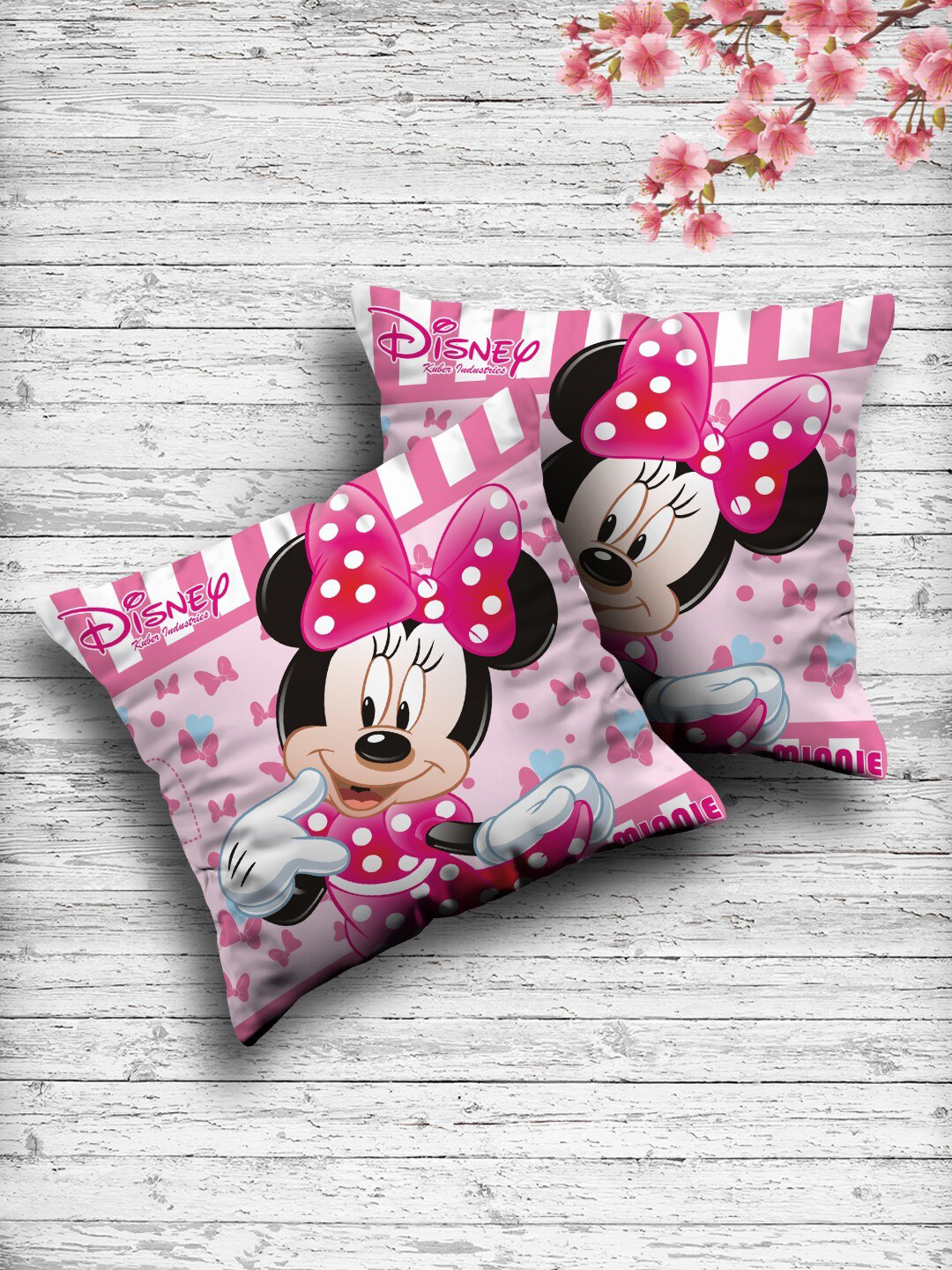 Kuber Industries Set Of 2 Pink & White Disney Both Side Printed Reversible Square Cushions