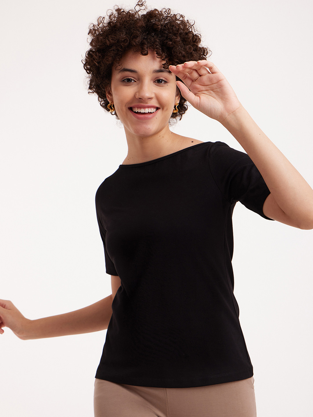 FableStreet Women Black Solid Boat Neck T-shirt