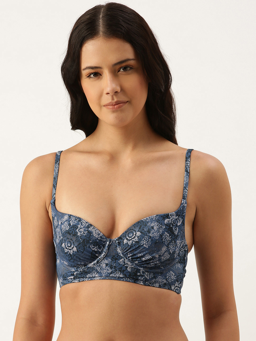 Amante Women Navy Blue & White Floral Printed Padded Swim Bikini Bra SWT17617