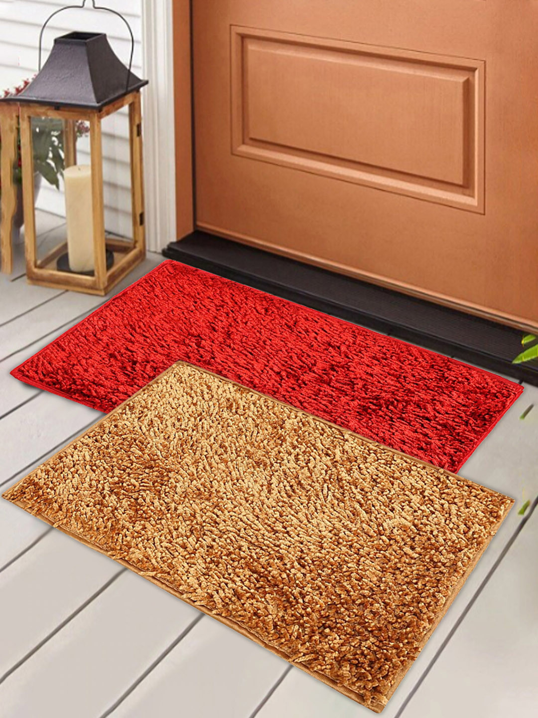 Kuber Industries Set Of 2 Gold-Toned & Red Shaggy Premium Anti-Skid Doormats