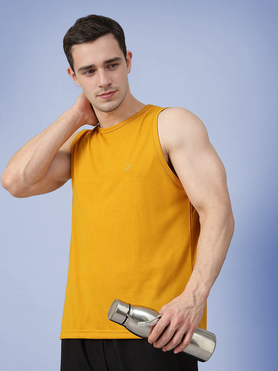 CHKOKKO Men Mustard Solid Round Neck Innerwear Vest
