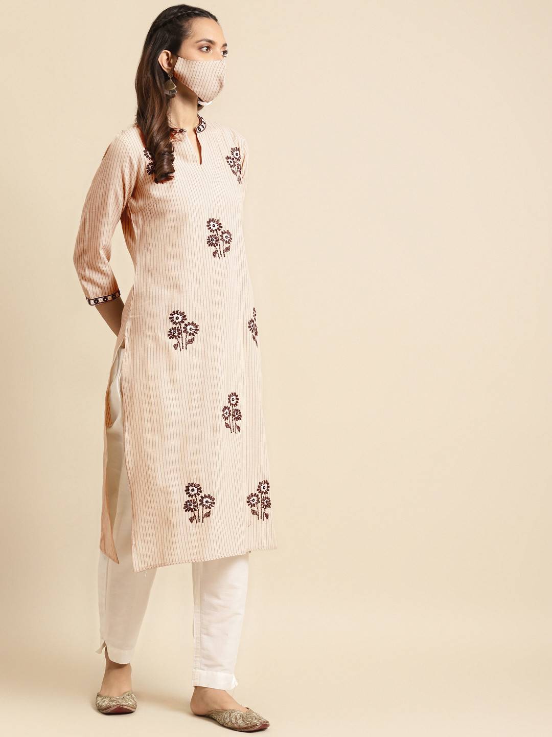 RANGMAYEE Women Beige & Black Striped Thread Work Pastels Pure Cotton Handloom Kurta