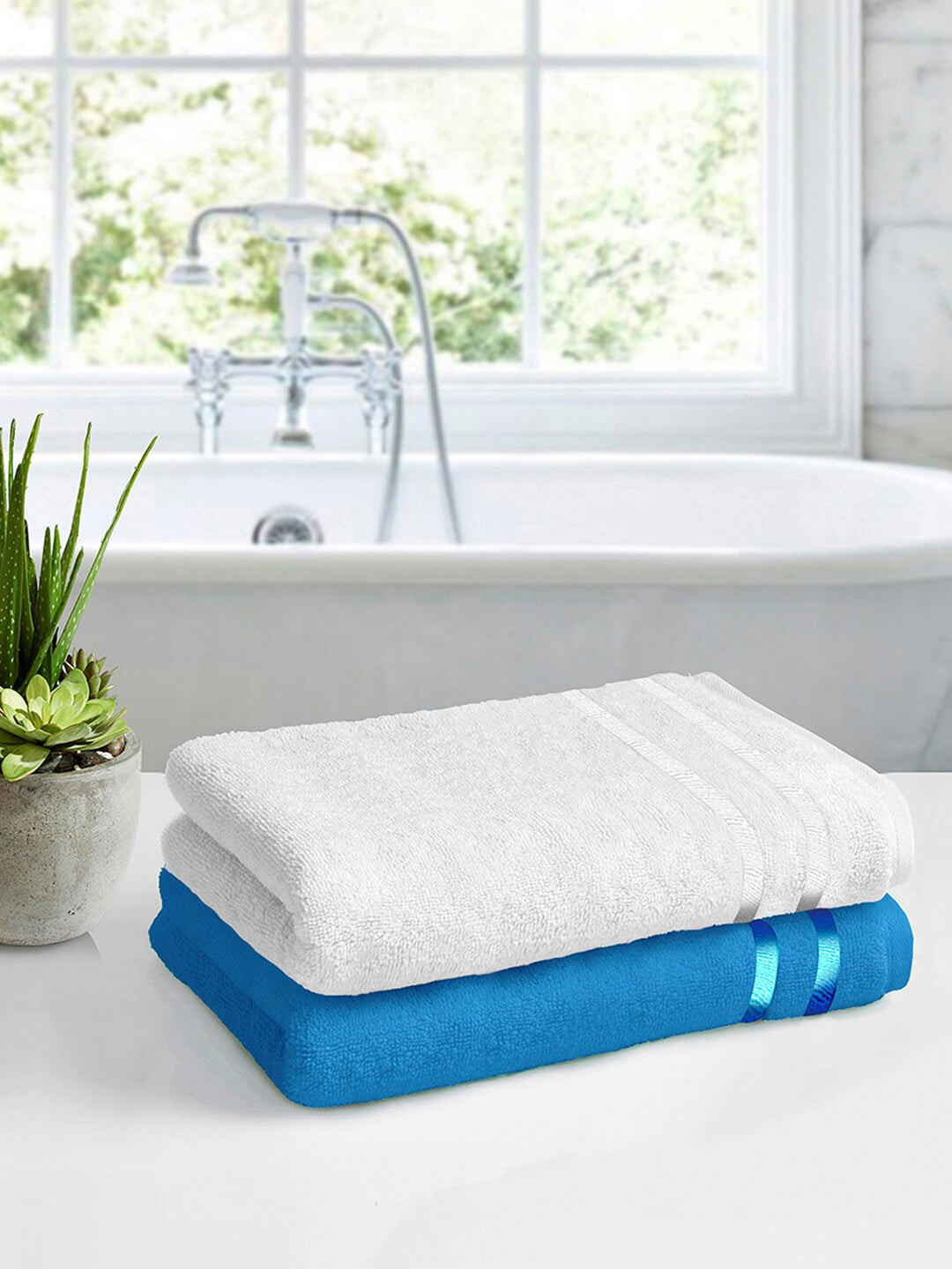 Story@home Set Of 2 White & Blue Solid Cotton 450 GSM Pure Cotton Medium Bath Towels