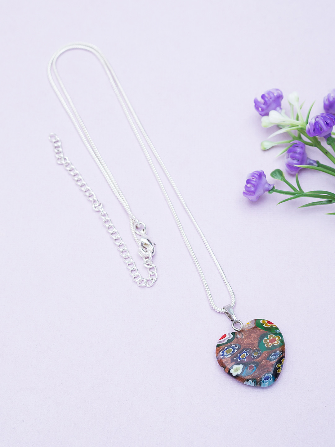 Golden Peacock Women Silver-Toned & Brown Heart Shaped Pendant with Chain