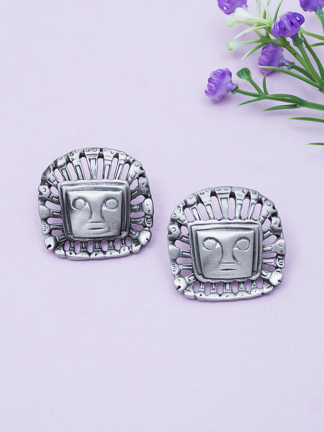 Golden Peacock Oxidised Silver-Toned Ancient Mummy Textured Contemporary Oversized Studs