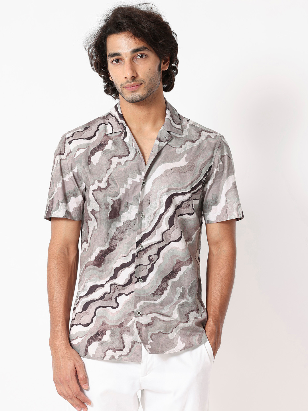 RARE RABBIT Men Beige & Off-White Regular Fit Printed Casual Shirt